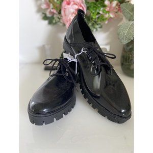 Kelsey Mossimo Black Patent Lace Up Chunky Heel Military Steampunk Shoes 9.5 New